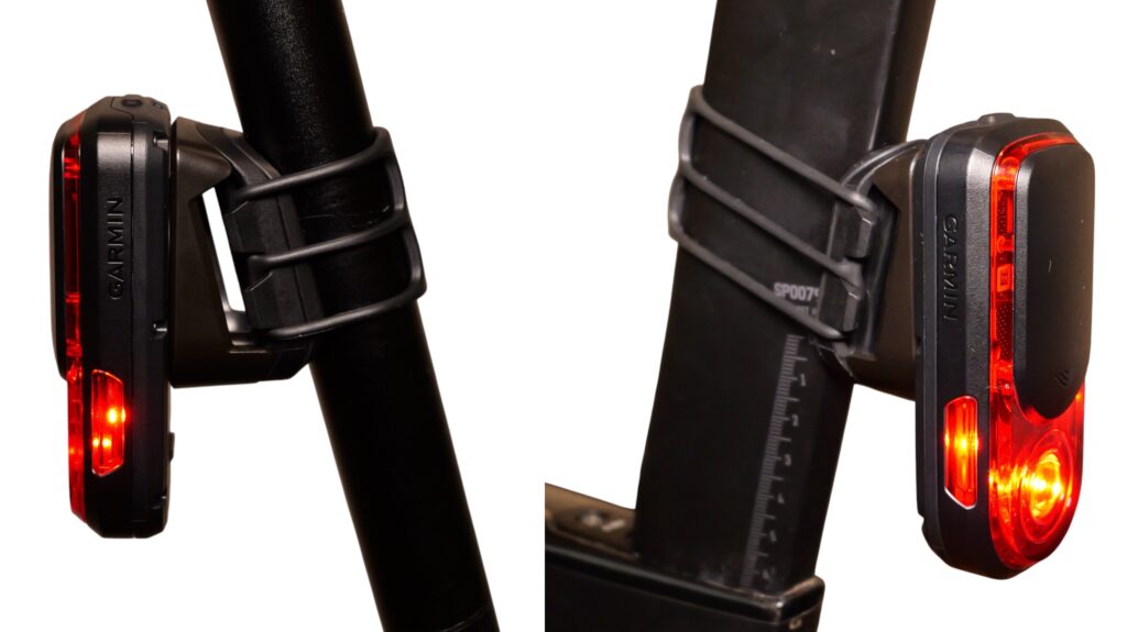 Two Views of the Garmin RearVue 820 on Different Seatposts: Round on the Left, Aero on the Right, Both with the Red Rear Light On.