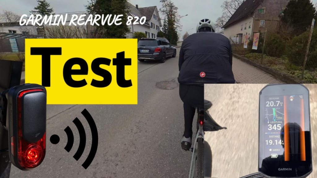 Garmin Rearview 820 Cycling Test: a Cyclist on a Road, with Overlaid Garmin Radar Rear Light Camera and Bike Computer Display.
