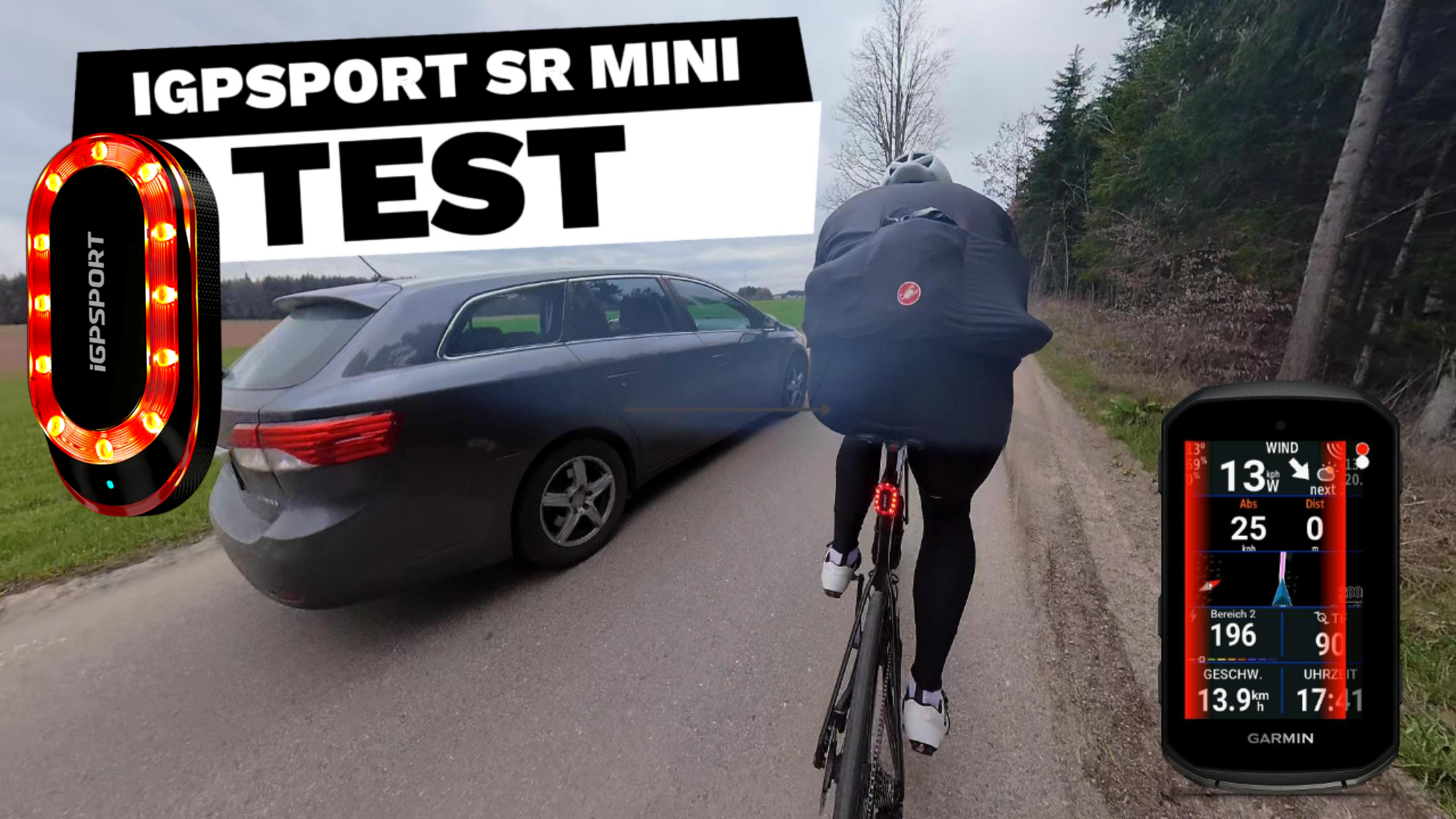 IGPSPORT SR Mini – Cycling Radar Real-World Test iGPSPORT SR Mini cycling radar test with a road cyclist, overtaking car and radar display on a Garmin bike computer