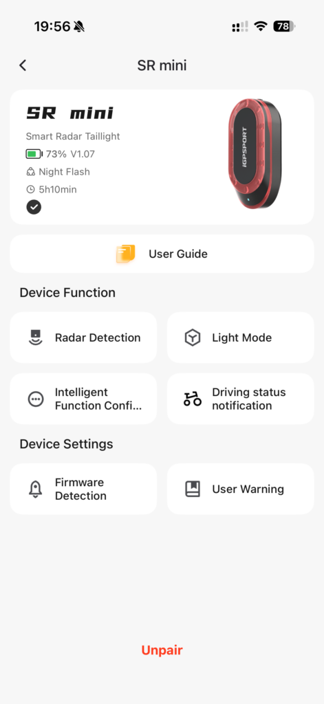 iGPSPORT app device view of the SR Mini radar rear light, showing battery level, light mode, radar detection and device settings.