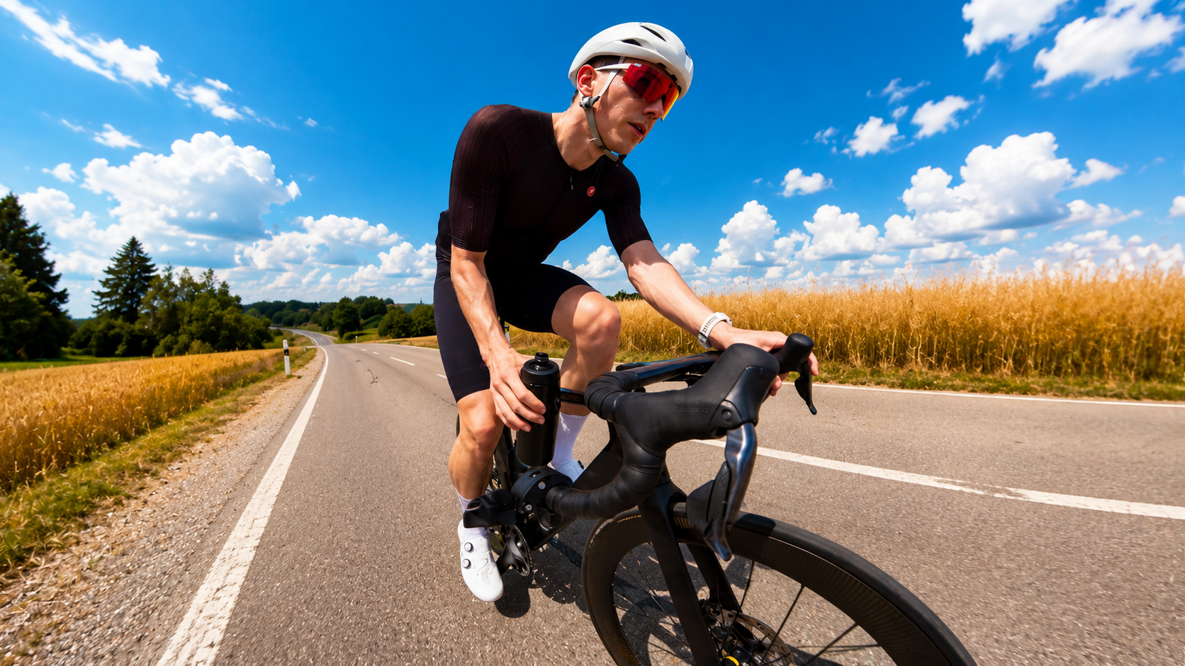 Road Cyclist Reaching Safely for a Bottle