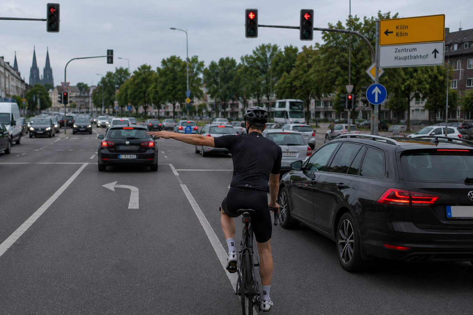 Road cyclist giving a hand signal
