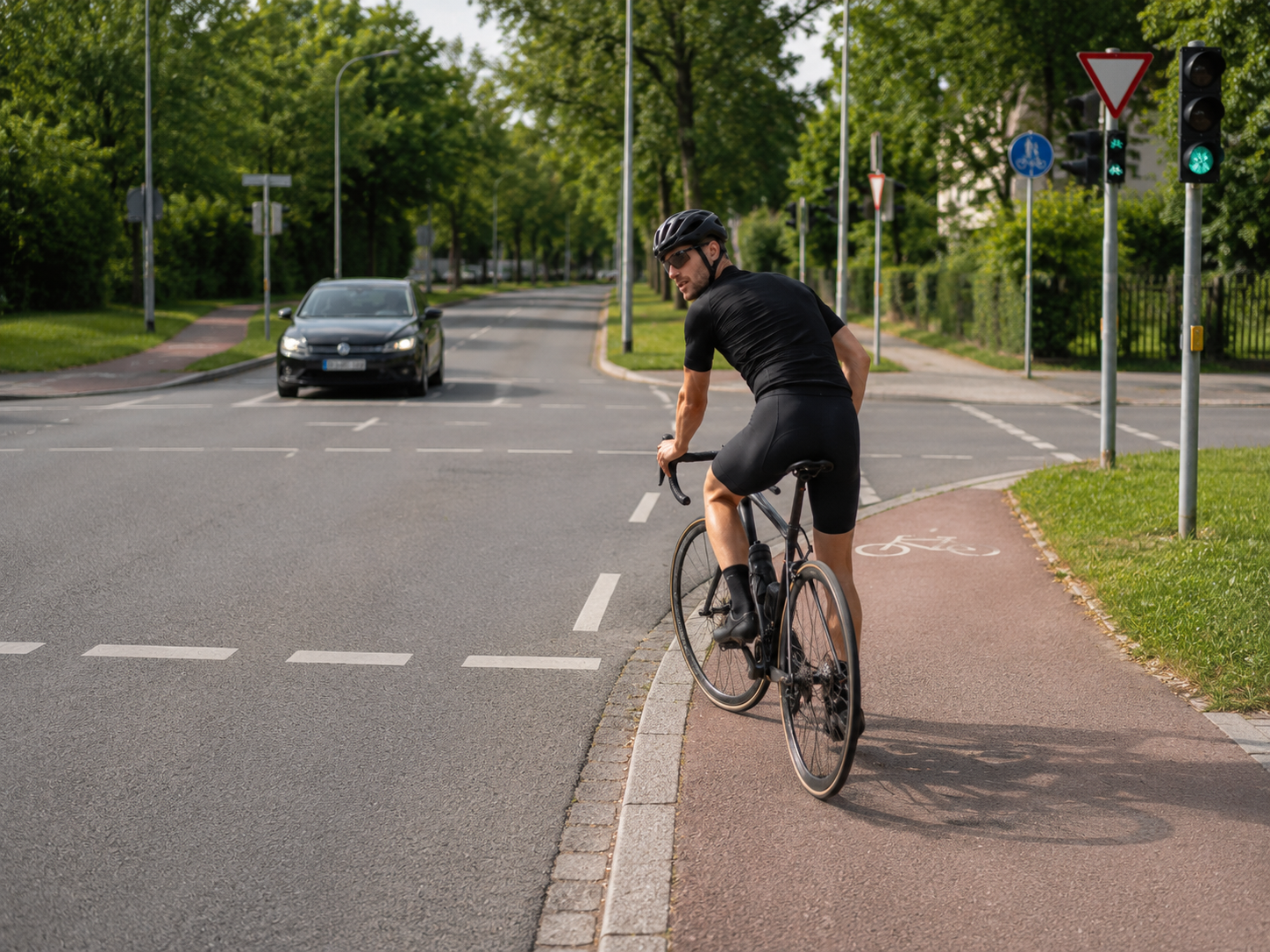 Road cyclist checking over their shoulder in traffic