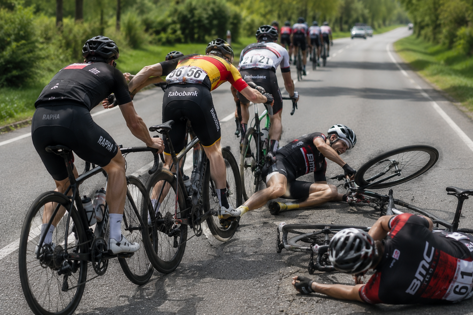 Road cyclist keeping a distance from the rider ahead in a group