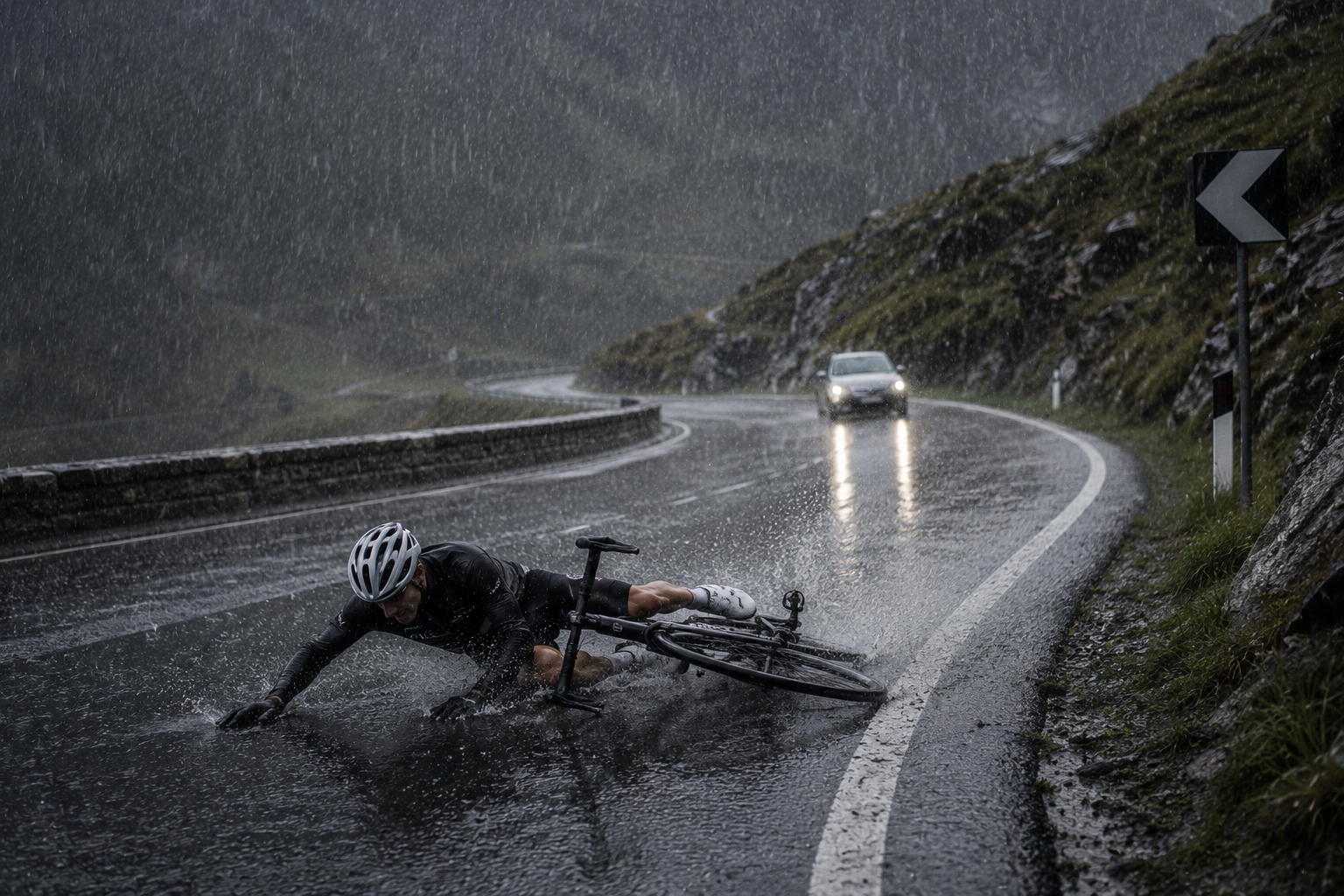 Road cyclist riding in the rain on a wet road