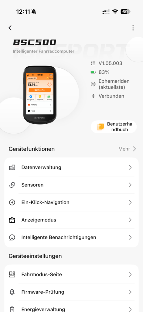 iGPSPORT BSC500 device management in the smartphone app