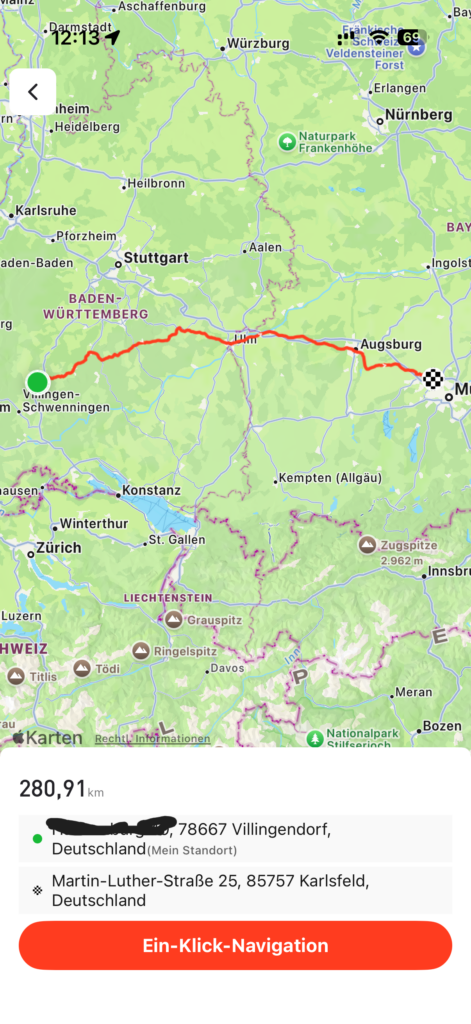 A 280.91-kilometre cycling route planned in the iGPSPORT app on a map of Germany