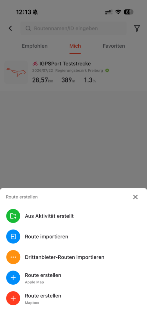 Options for creating and importing cycling routes in the iGPSPORT app
