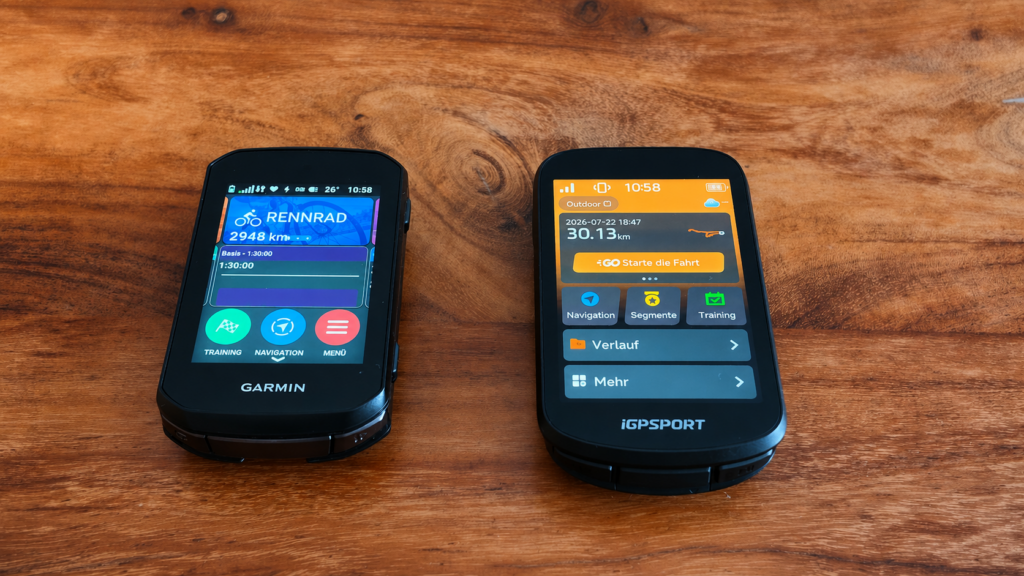Garmin bike computer and iGPSPORT BSC 500 in a direct display comparison on a wooden table