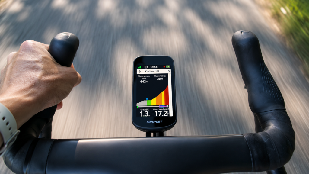 iGPSPORT BSC 500 with a coloured gradient profile and upcoming climb data while riding