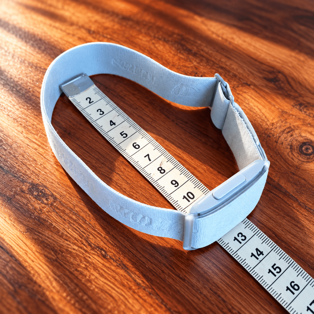 iGPSPORT HR80 Armband at Its Largest Setting with a Tape Measure on a Wooden Table