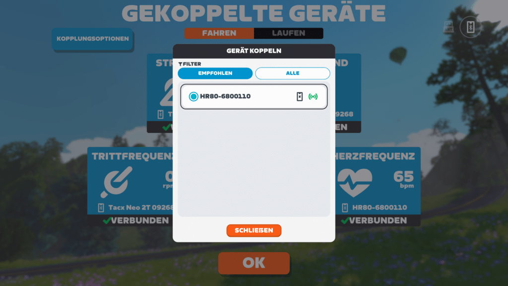 Zwift Pairing Dialogue with iGPSPORT HR80 as the Heart Rate Sensor