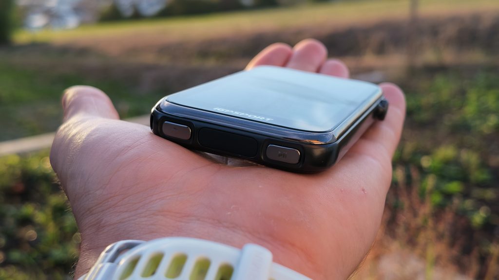 Underside of the iGPSPORT BiNavi Ultra with Metal Buttons Held in a Hand