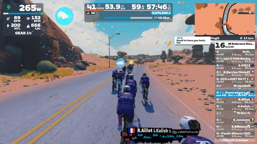 Zwift Race View During a Ride with the iGPSPORT HR80 Heart Rate Sensor